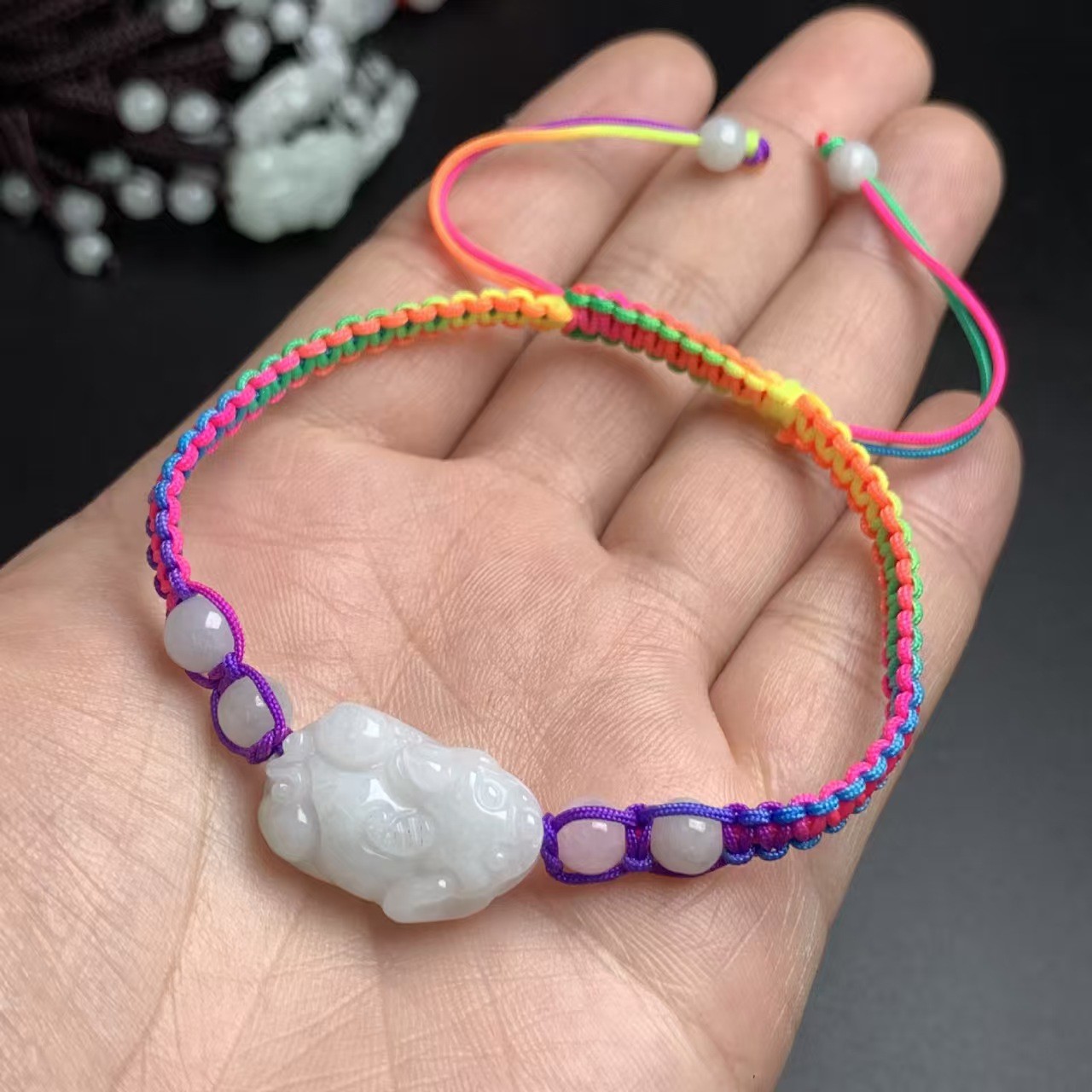 1pcs Real Natural Jade Jadeite Women Pixiu Bead Multi Color Woven Bracelet