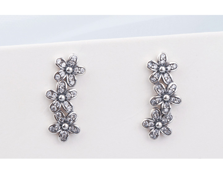 Oxidized Sterling Silver Daisy Flowers Dazzling Stud Ear Crawler Earrings PE61