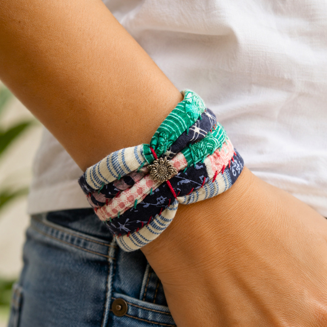 Fabric Cuff Bracelet Slow Stitch Patterned & Jean Fabric Button Closure