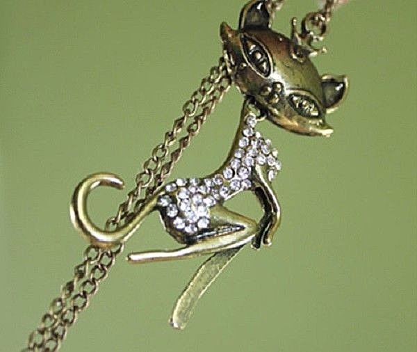 LADY CAT in a Rhinestone DRESS 2-3/4″ x 1-1/8″ Pendant Necklace with 28″ Chain