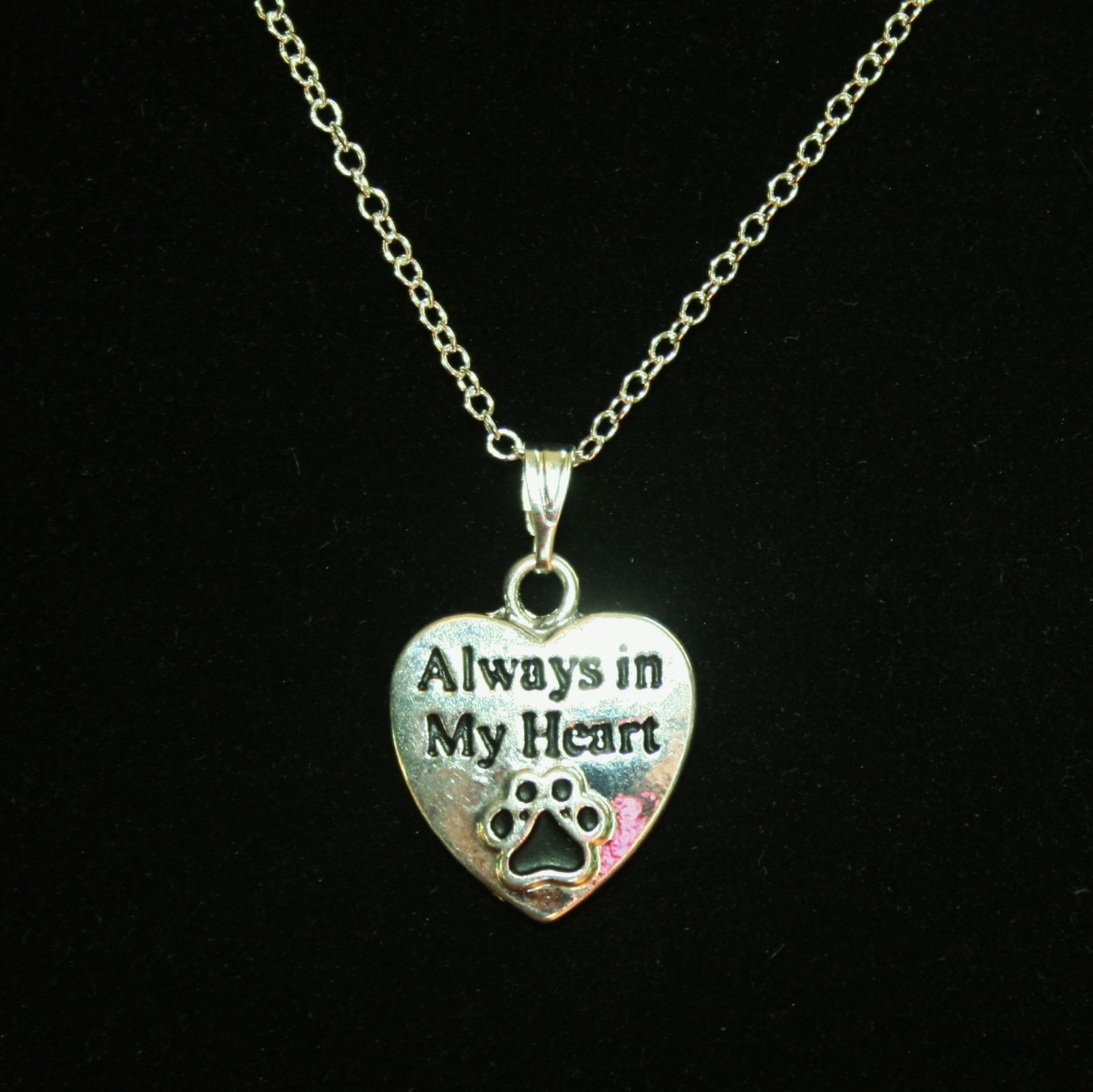 Always in My Heart Necklace Paw Print Pendant Cat Dog Pet Memorial Silver Chain
