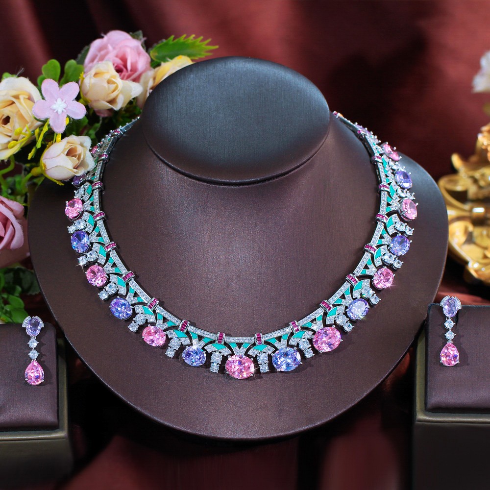 Silver Plated CZ Purple Pink Oval Shaped Wedding Necklace Earrings Jewelry Set