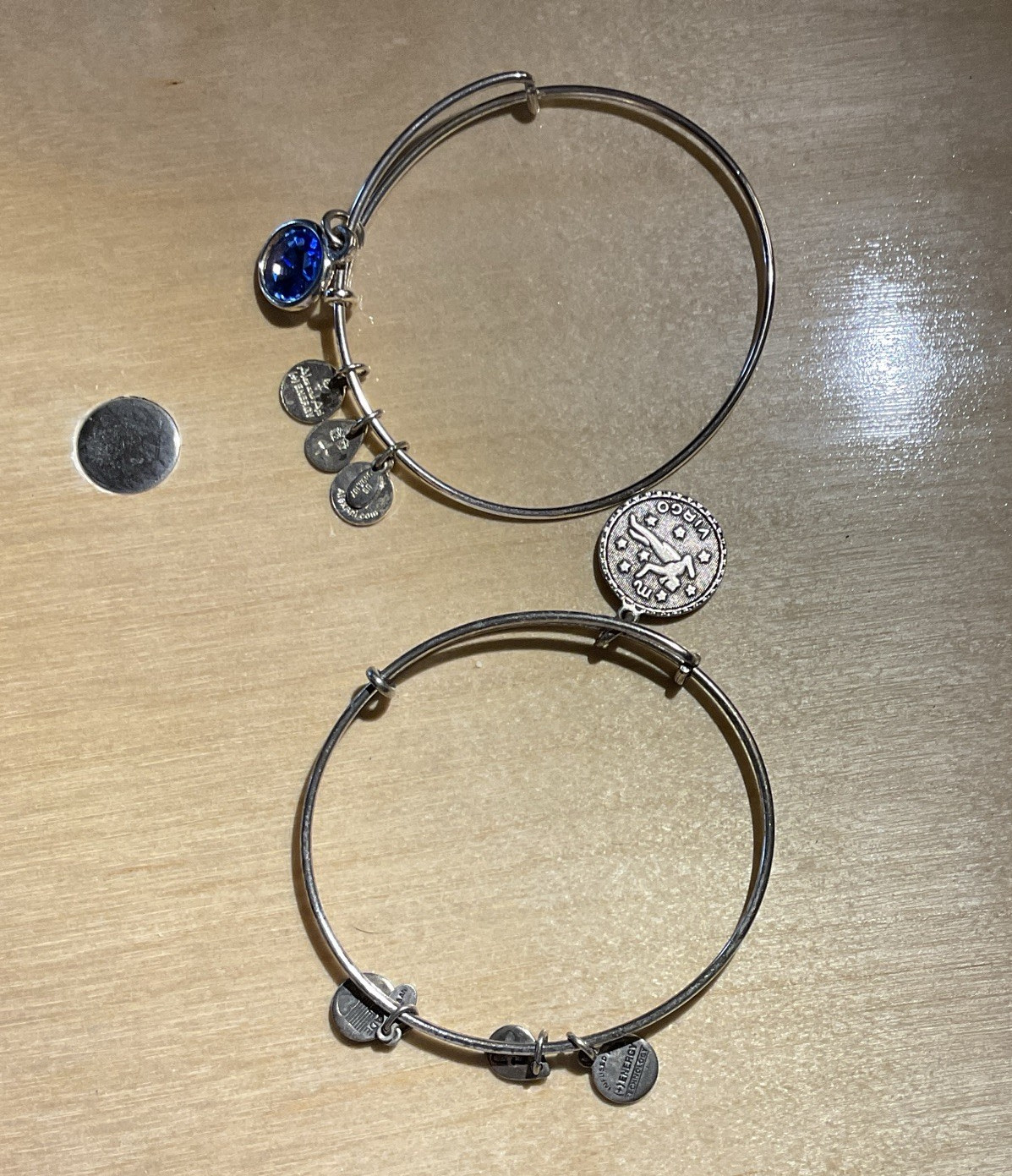 Alex and Ani Lot 2 Adjustable Wire Bangle Charm Bracelets Zodiac Blue Crystal