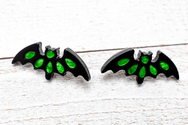 Halloween Theme Flying Bat Neon Green Background Earrings