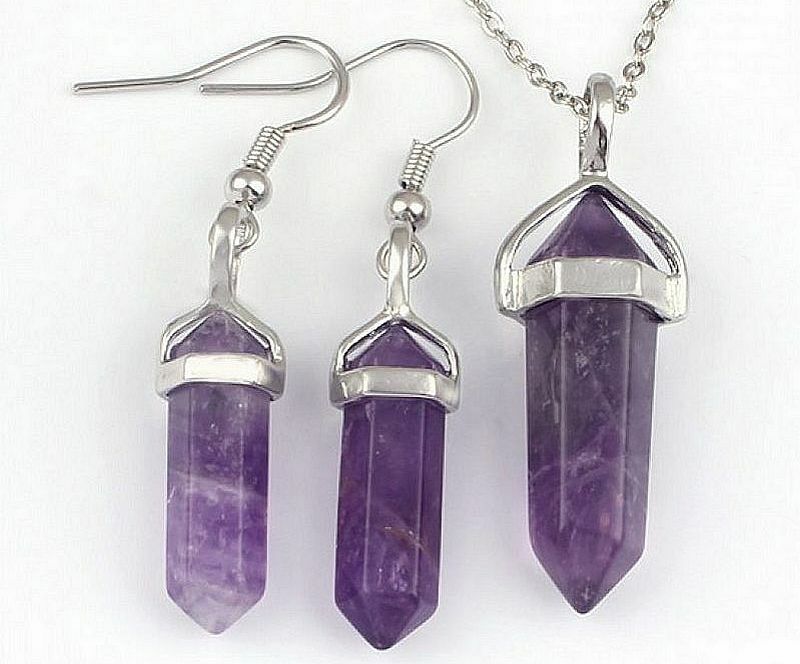 Gemstone crystal hexagonal point necklace pendant earrings set reiki healing