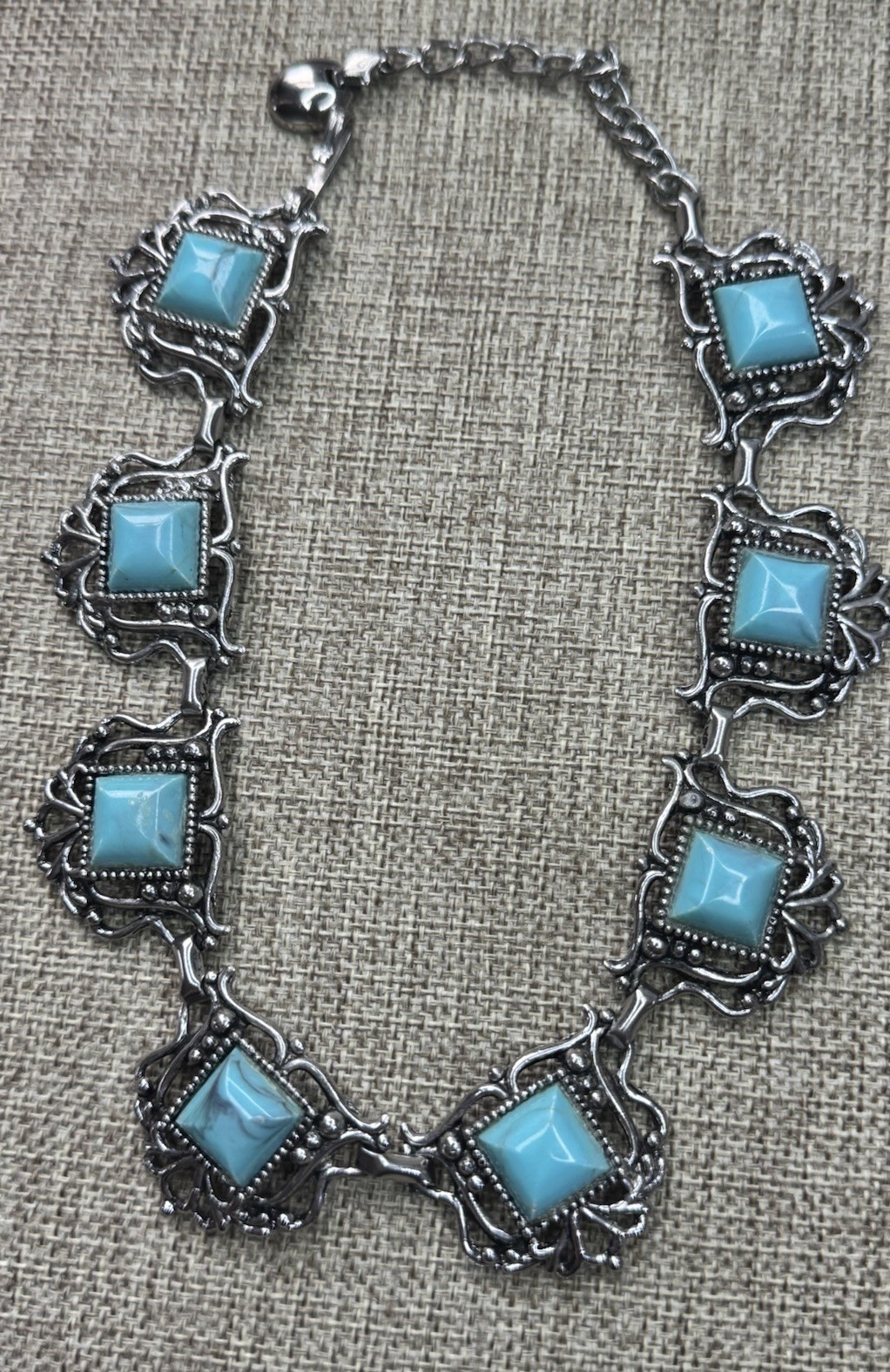 Vtg Silver Tone Statement Link Necklace faux Square turquoise Bezel Set