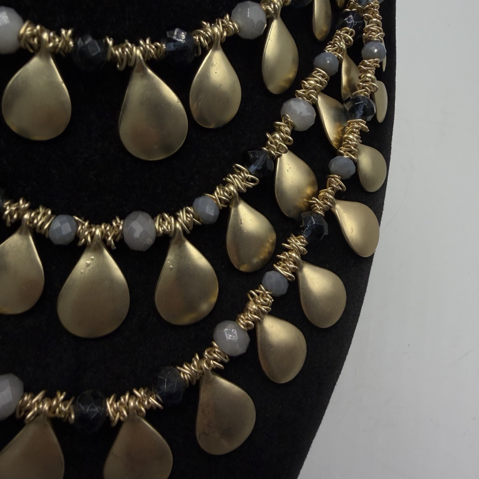 Statement Necklace Gold Tone Disc Brown Cord Gray Bead St Thomas Career Office