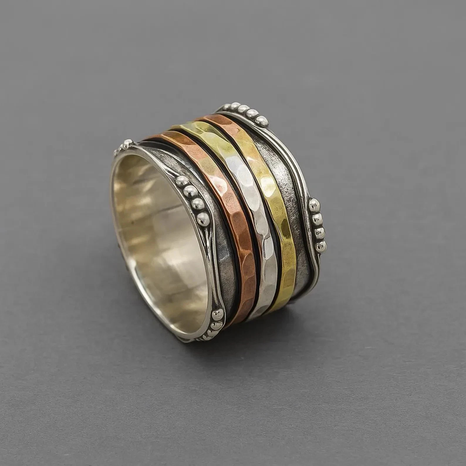 925 Sterling Silver + Brass + Copper, Solid Silver, Band Ring, Unisex