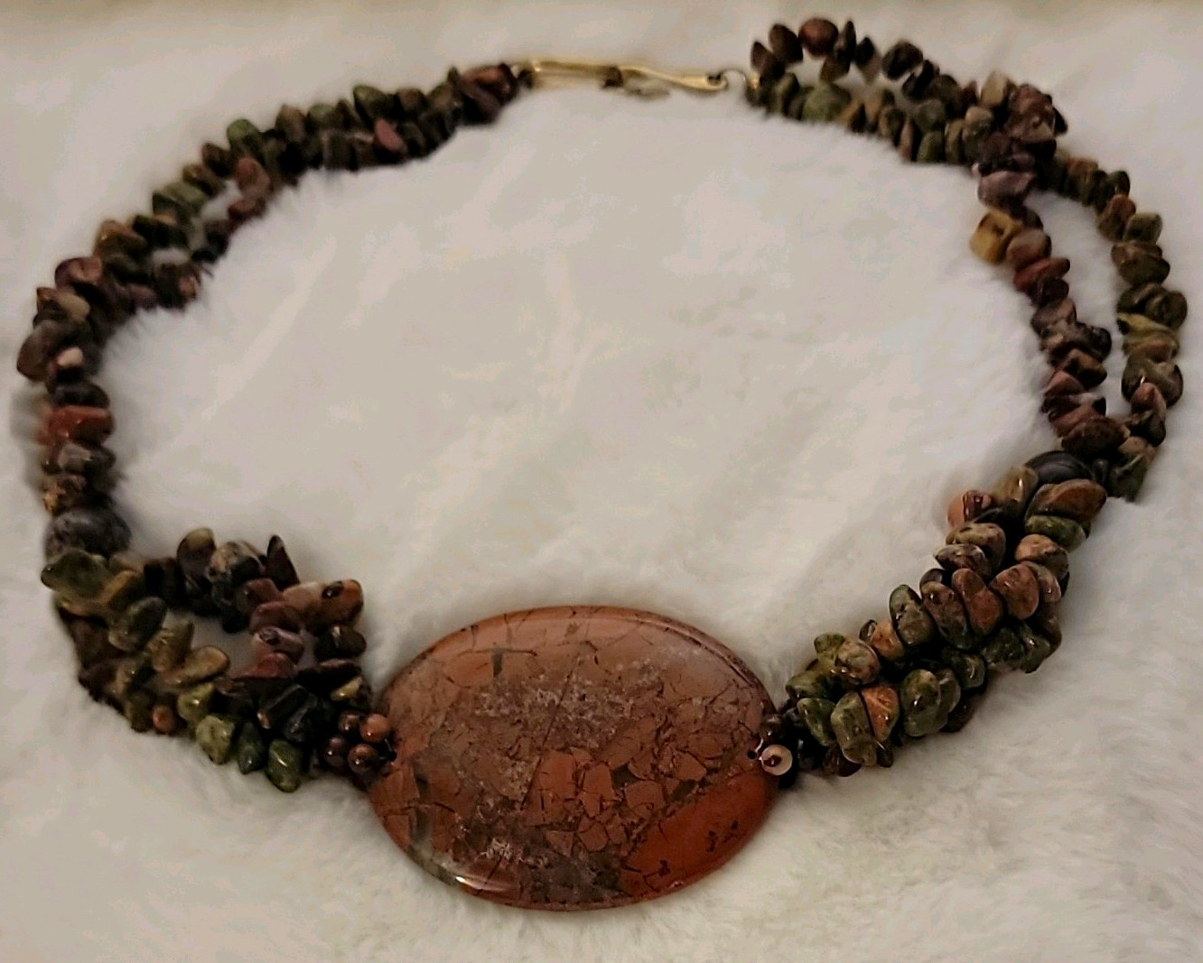 Jasper Chip Beaded Necklace Oval Pendant Brown Green Hook Clasp 18in
