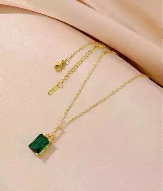 Simulated Green Emerald 2Ct Emerald Cut Solitaire Pendant 14K Yellow Gold Plated