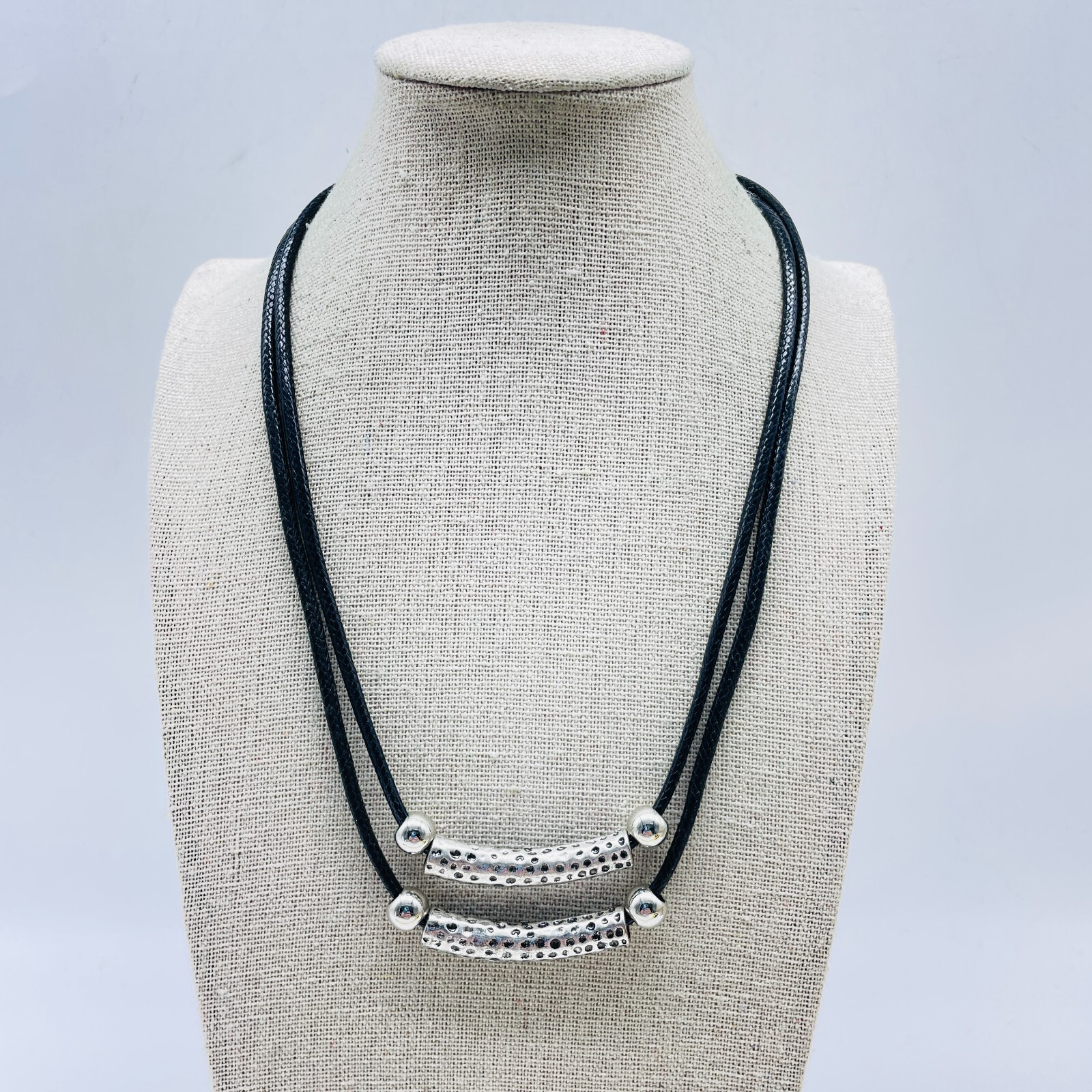 Black Cord Necklace Silver Tone Bar Pendant Layered Statement Necklace