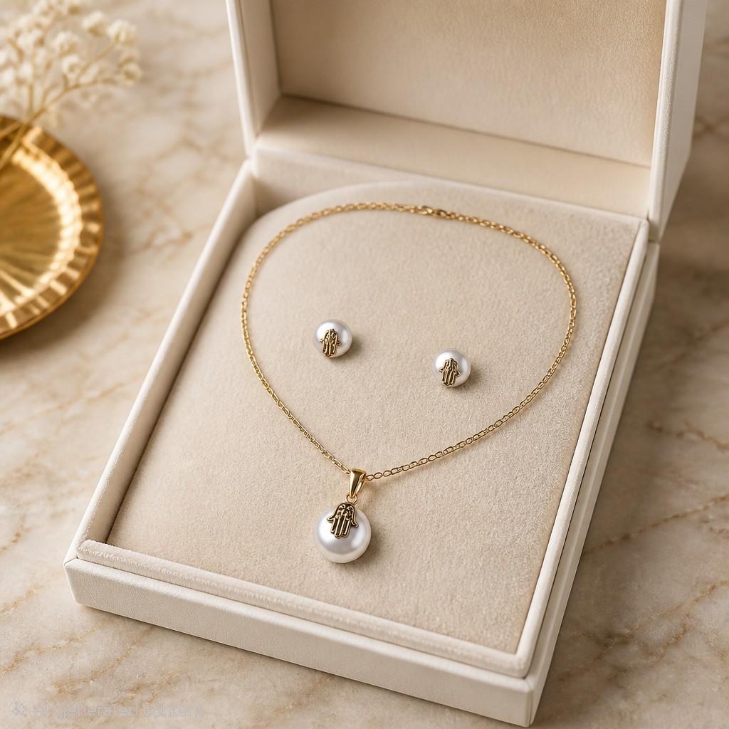 Gold Tone White Round Pearl Jewelry Set Necklace Pendant & Stud Earrings