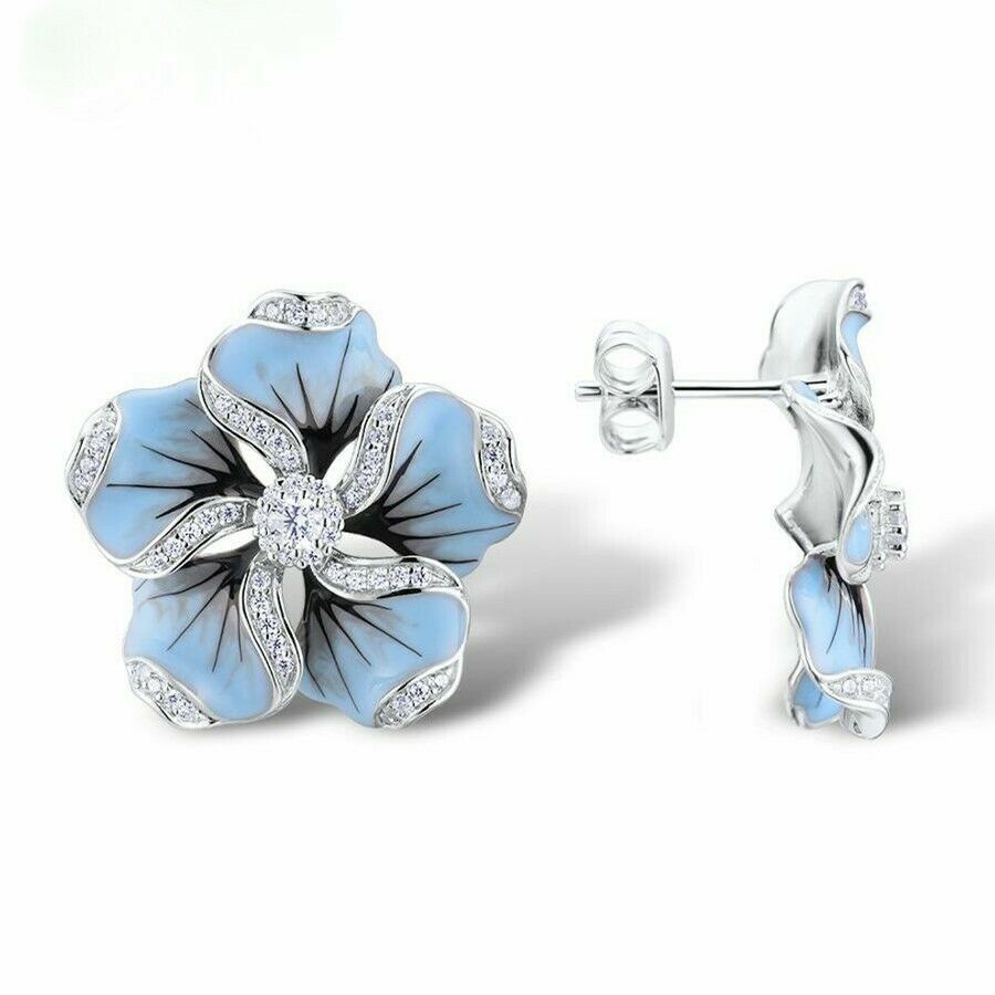 Pretty flower Silver Plated Stud Earrings White Sapphire Jewelry Pair Simulated