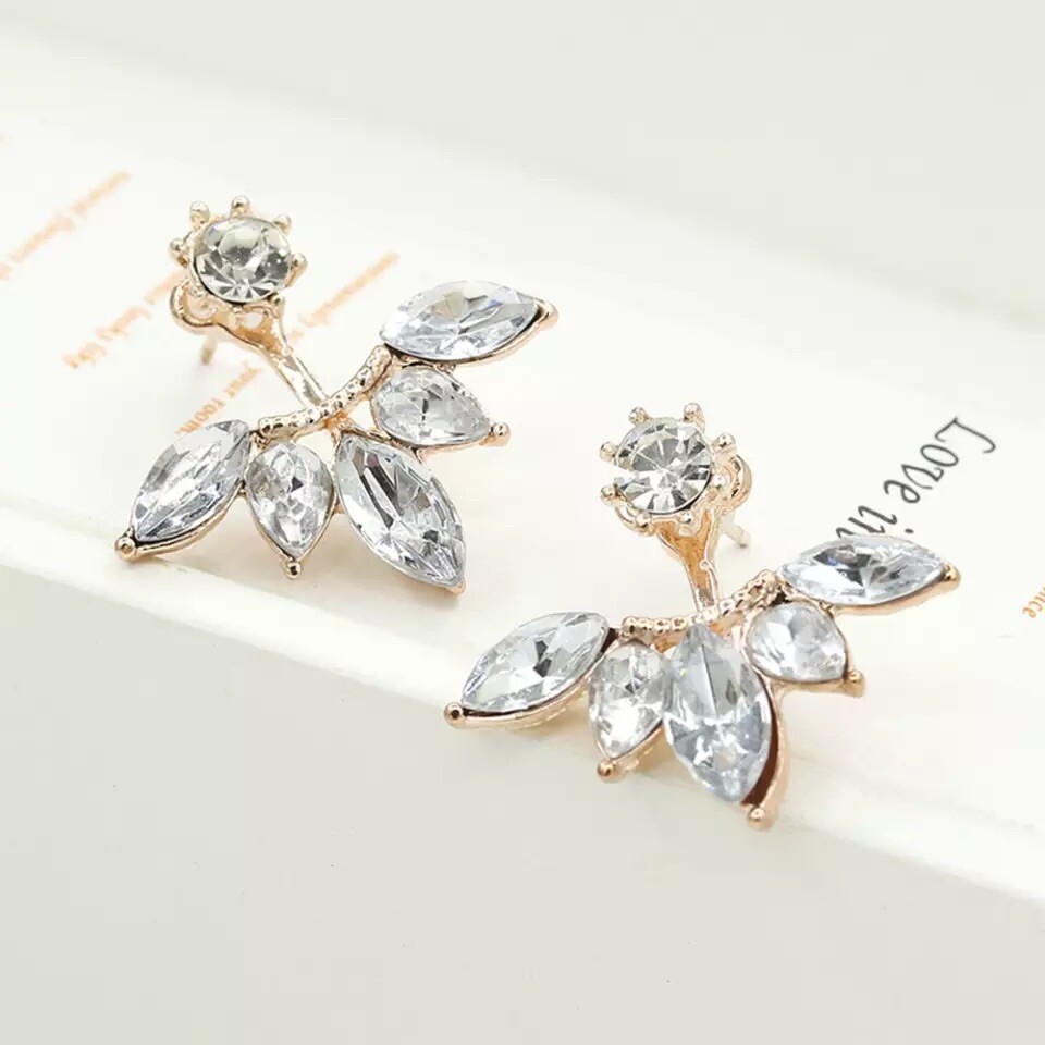 Ear Jackets Earrings Front Back Crystal Flower Gold Tone Fashion Jewelry