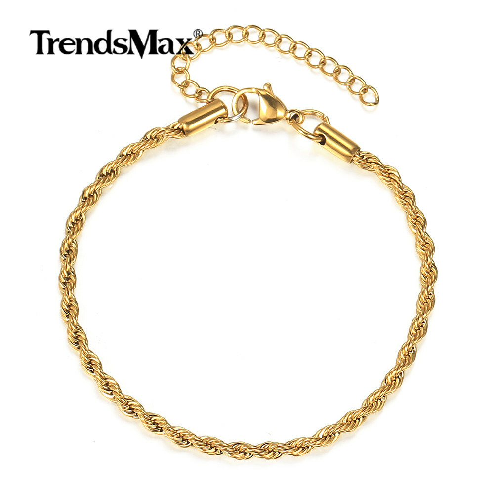 2/3/4/5MM Gold Plated Stainless Steel Rope Chain Bracelet Anklet Men Women 7-10″