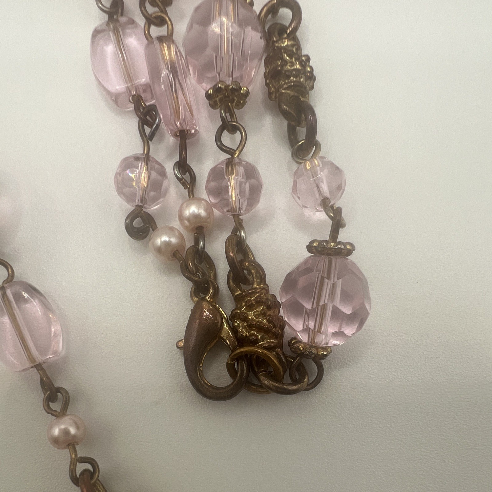 Vintage Pink Crystal Glass Long Length, Double Strand Necklace, Gold Tone Set