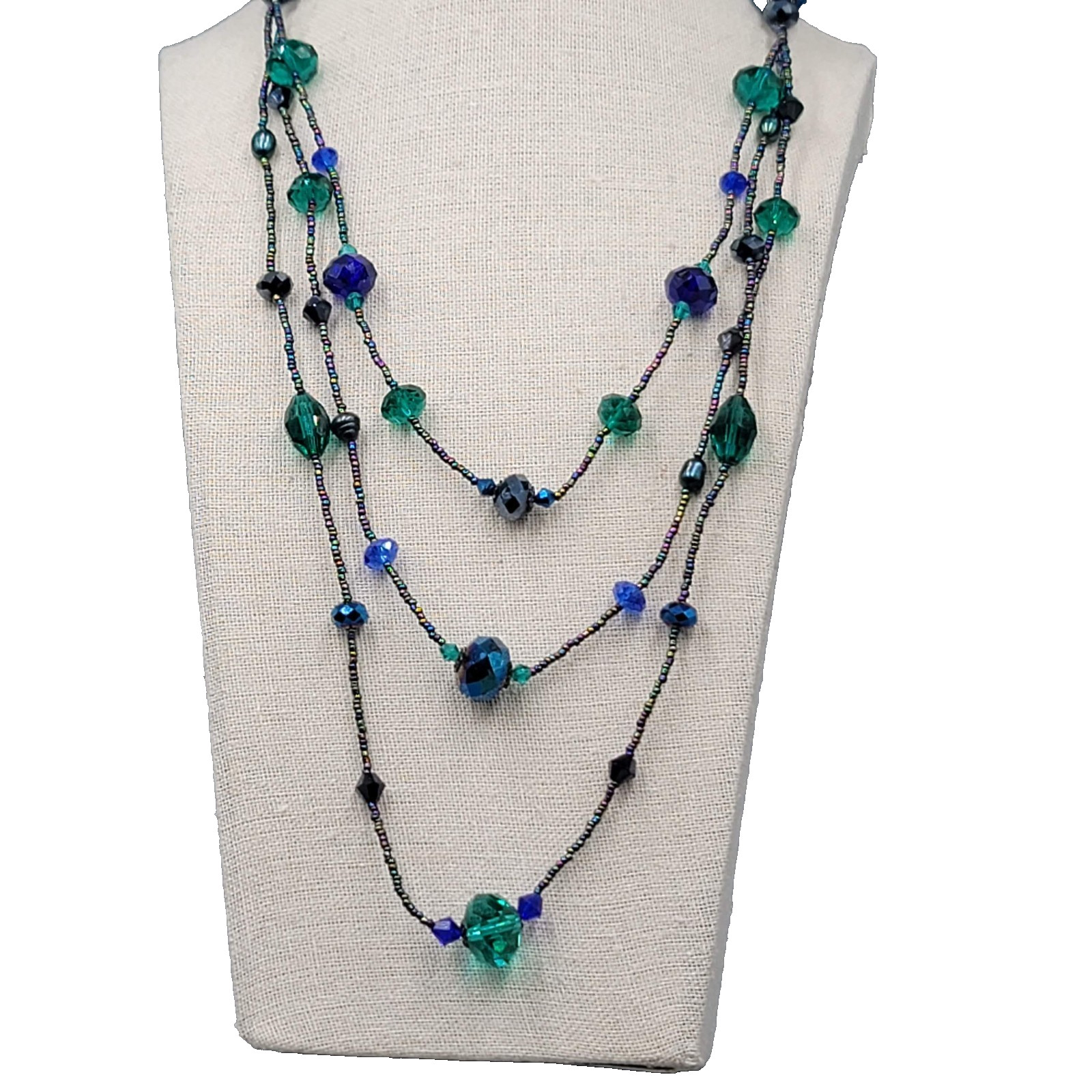 Signed Beaded Necklace Long 30 in Black Purple Green Triple Layer