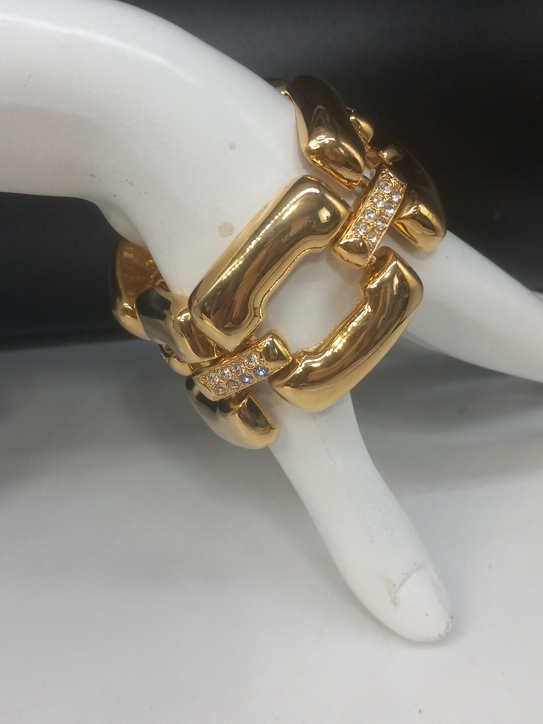 Rare BOLD ELEGANCE Gold Plated Crystals Wide Open Square Chain Link Bracelet