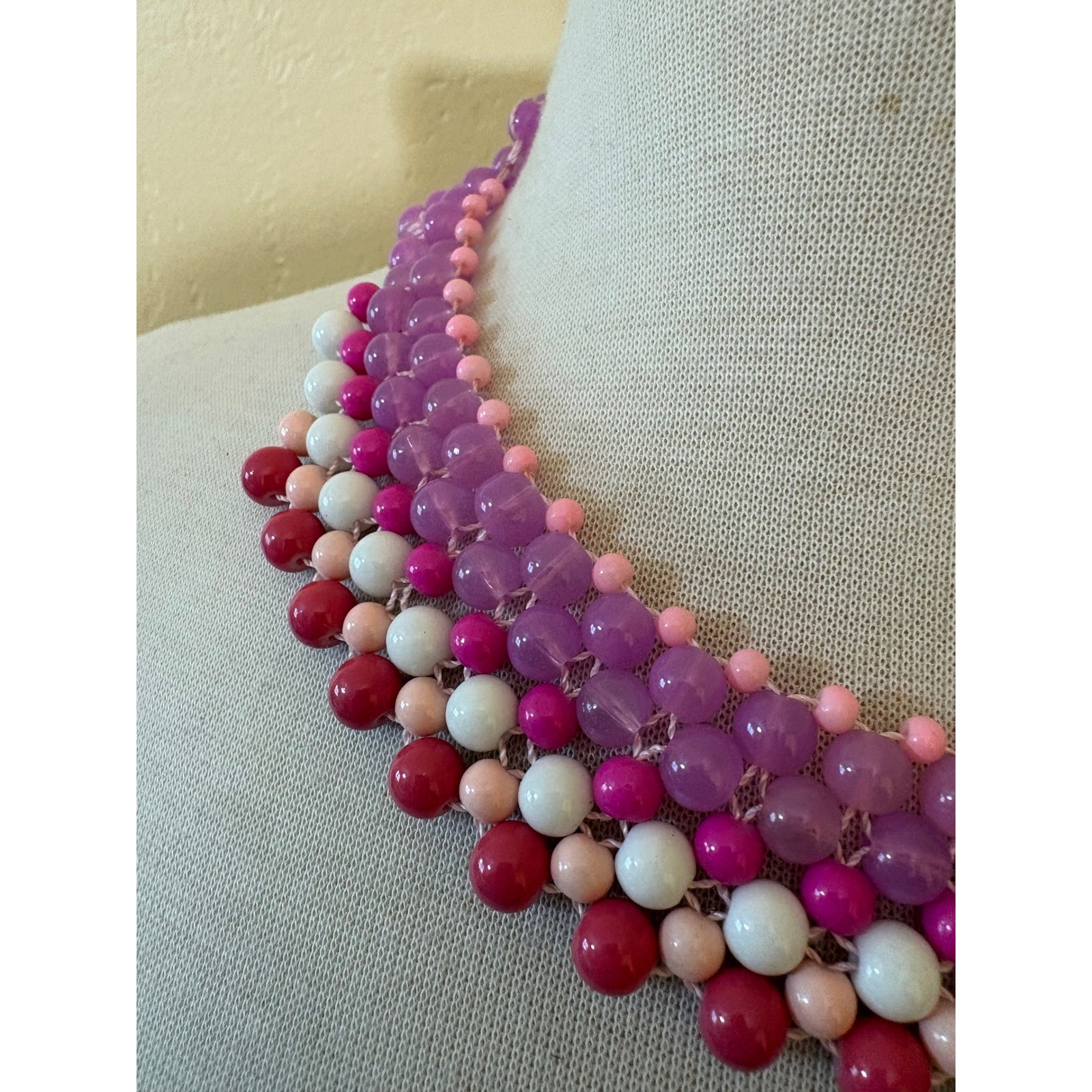 Handmade Pink Purple White Beaded Bib Statement Necklace Adjustable