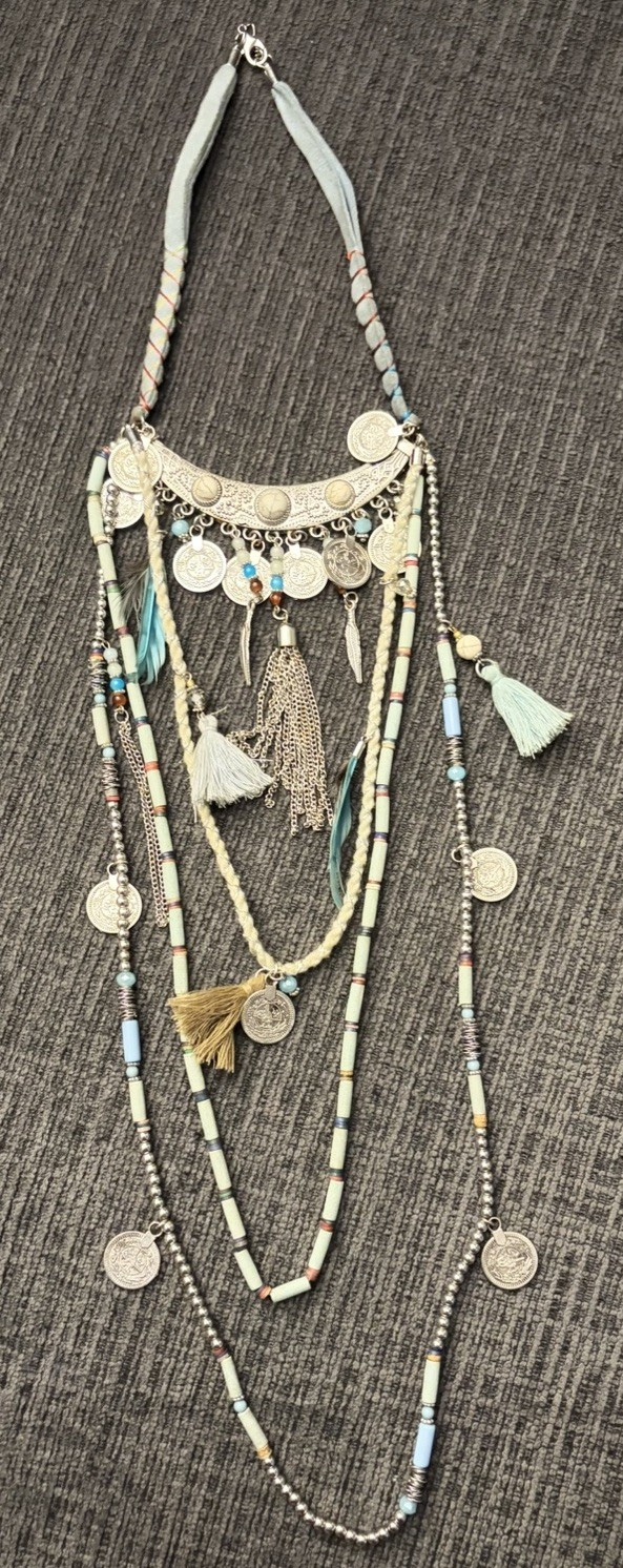Bohemian Layered Multi-Strand Beaded Charm Tassel Necklace, Silver Tone