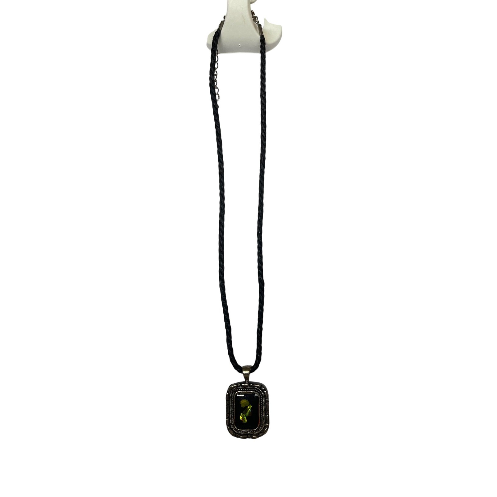 Ammolite Pendant Necklace Rectangle Silver Tone Green Black Cord Chain