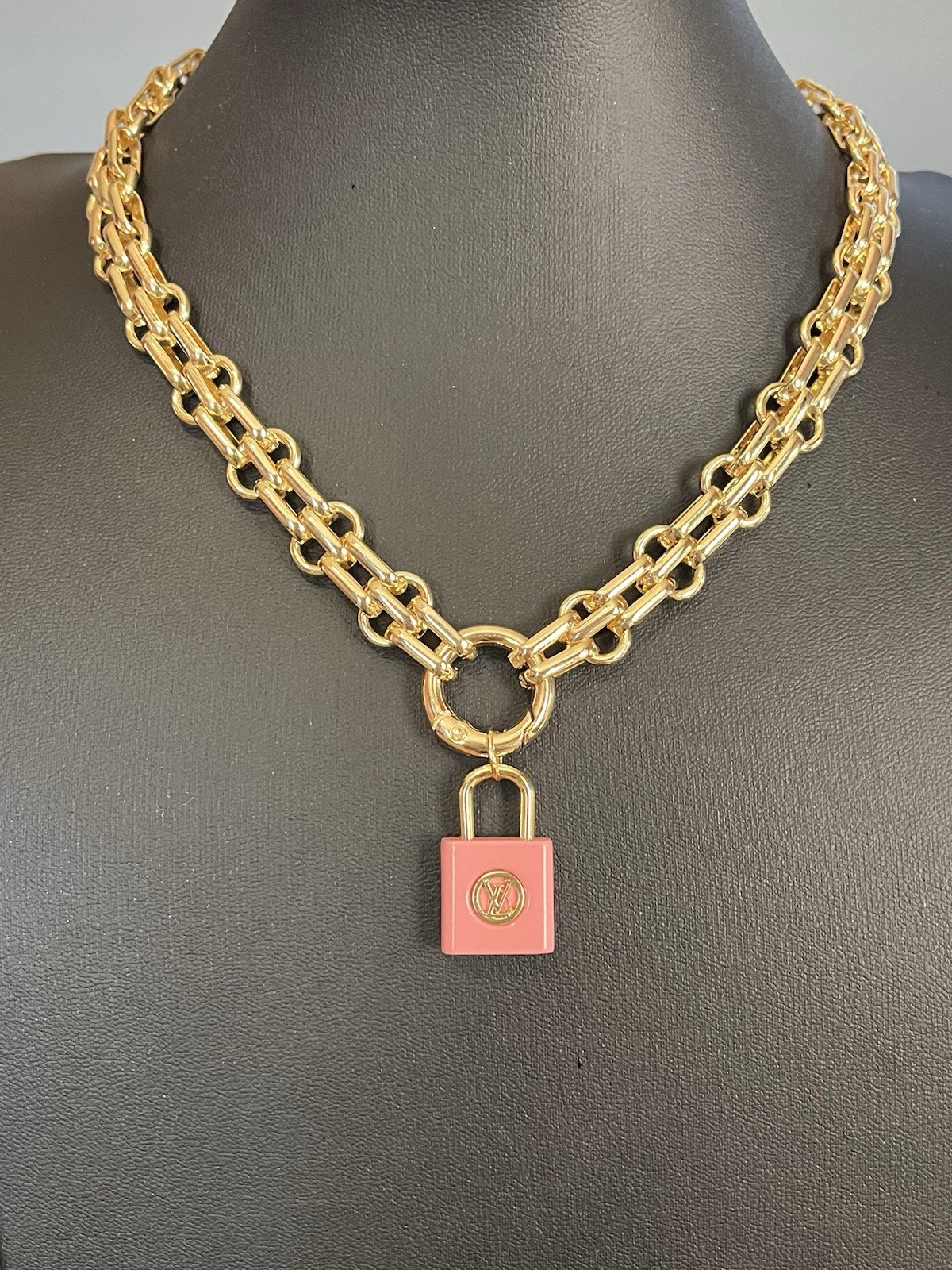 Zipper Pull Lock Charm On Chunky Goldtone Necklace