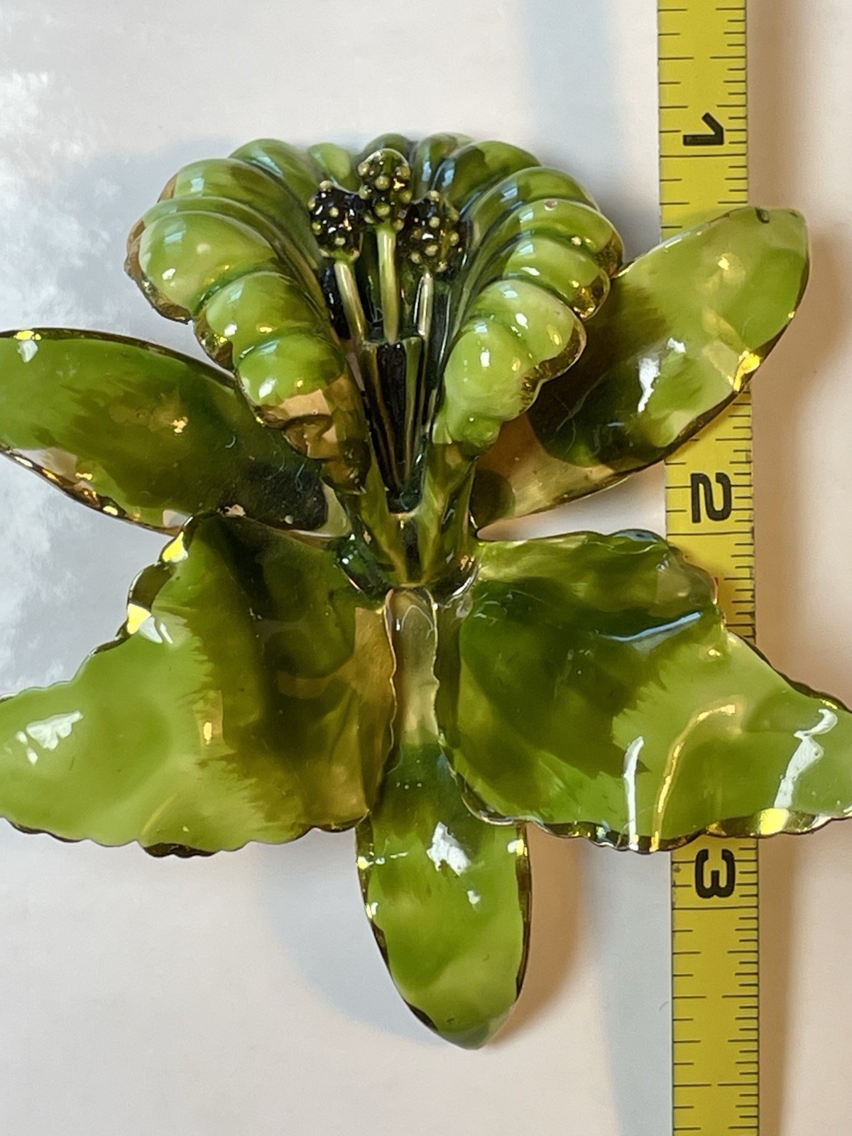 Green Enamel Lily Flower Brooch Gold Rimmed and Gold Tone Metal Pin Closure