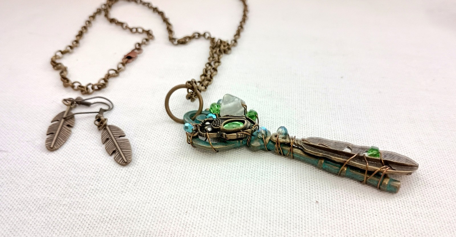 Key Wire Wrapped Pendant Handmade Long Chain Necklace Glass Beaded & Earrings