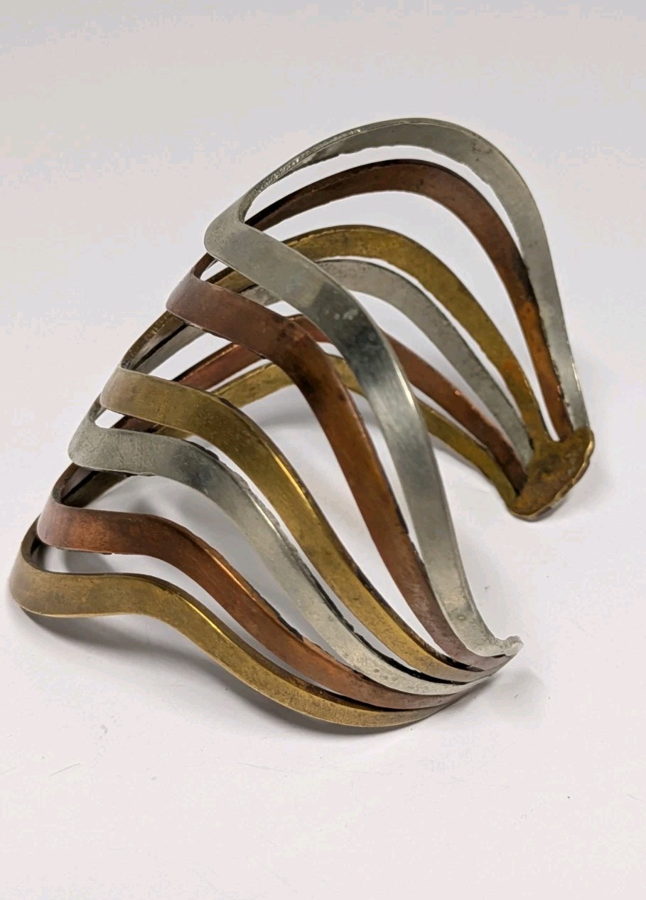 Vintage Modernist Mixed Metal Cuff Bracelet Brass Copper Silver Tone Open Bangle