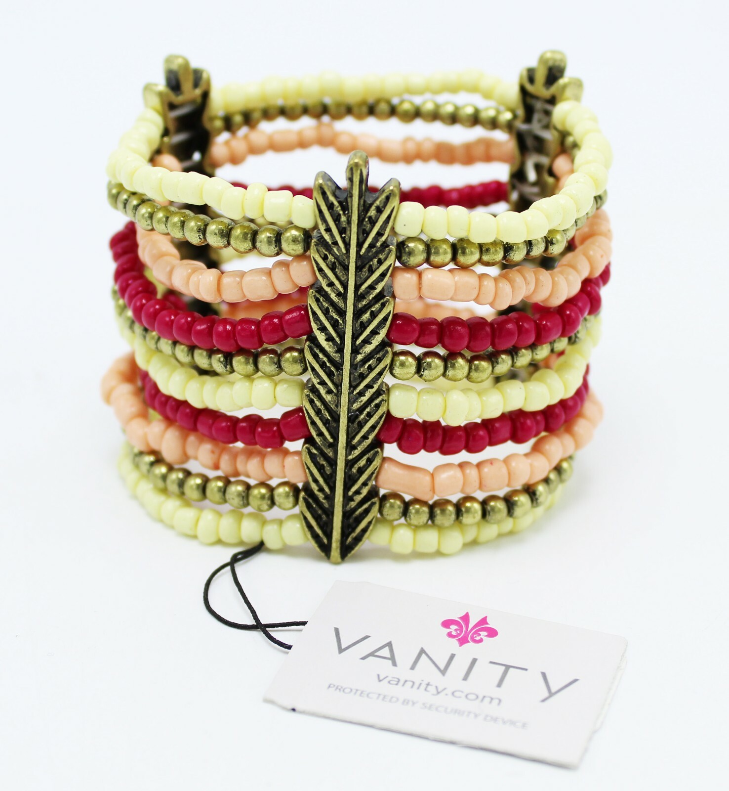New Multi Colored Seed Bead Stretch Bracelet with Leaf Motif by Vanity #B1274
