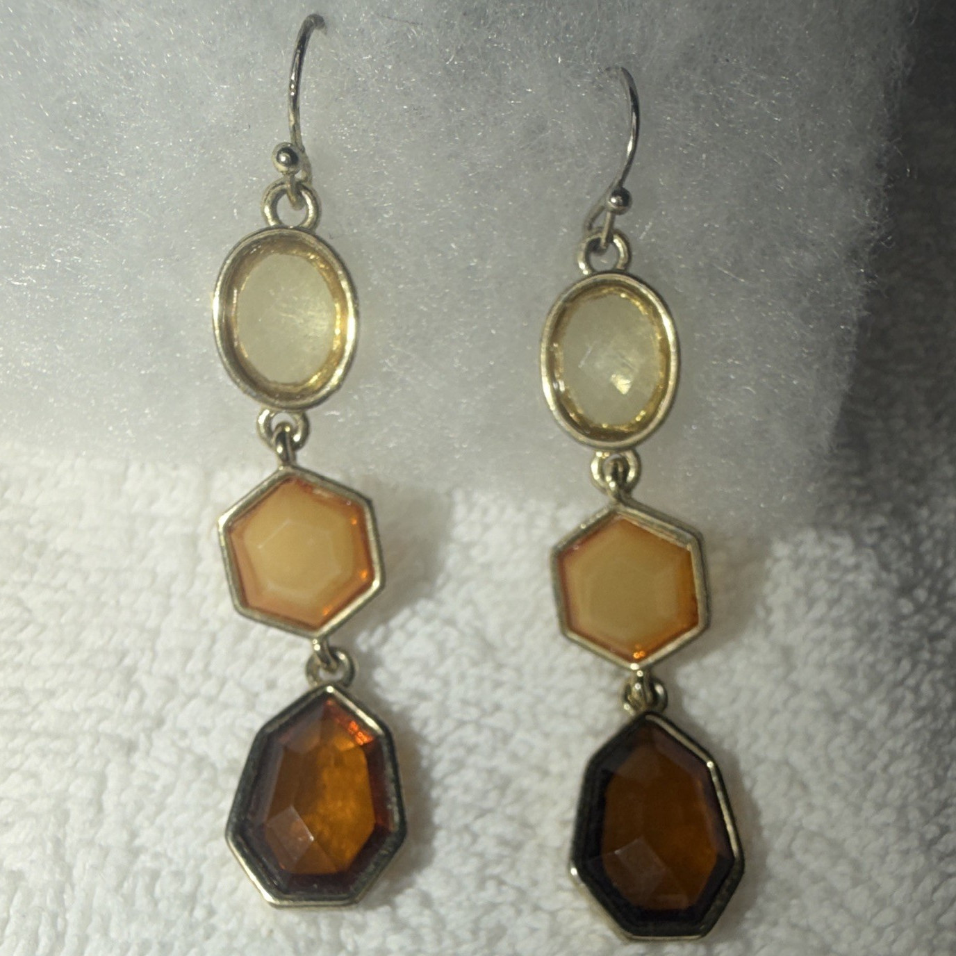 Silver Tone Asymmetrical Dangle/Drop Hook Earrings Bezel Set Brown Octagon