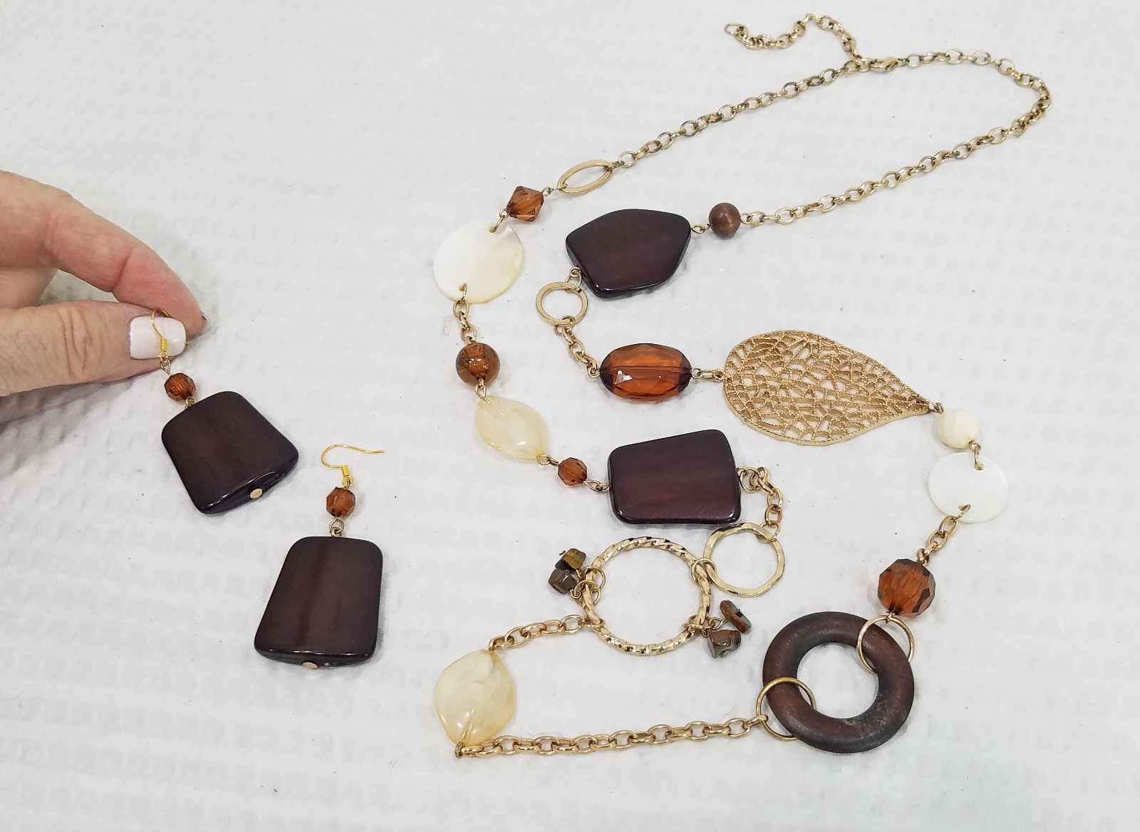 Chunky Brown, Beige and MOP Bead Gold Tone Filigree Necklace & Earring Set