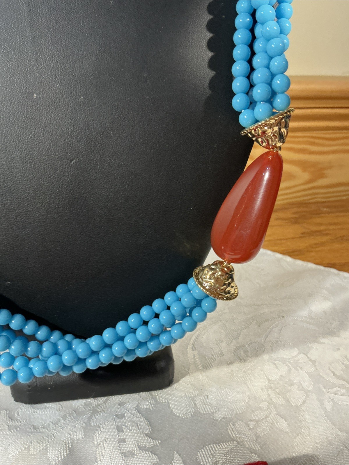 KJL Grand Stand Multi Strand Faux Turquoise & Carnelian Bead Boho Necklace 27″