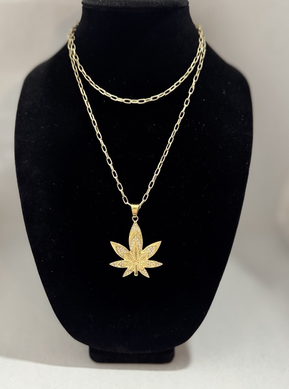 Marijuana, Weed, Leaf Rhinestone Pendant Necklace