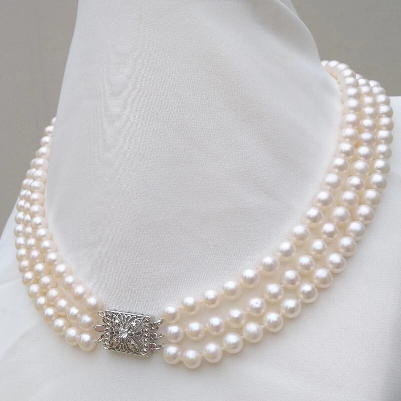 17″-19″ Triple Strand Natural 6-7mm Akoya Round White Pearl Necklace 925 Clasp