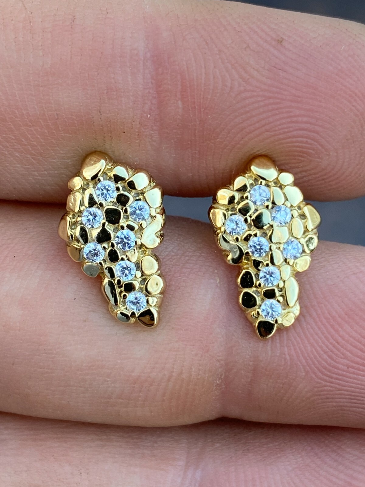 Mens CZ Solid 925 Sterling Silver Plated 14k Gold Nugget Earrings Large Studs