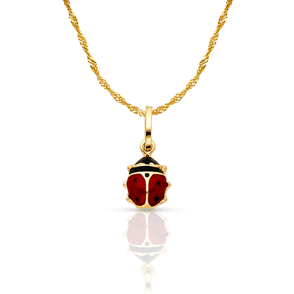 14K Yellow Gold Lady Bug Enamel Lucky Pendant & 0.9mm Singapore Chain Necklace