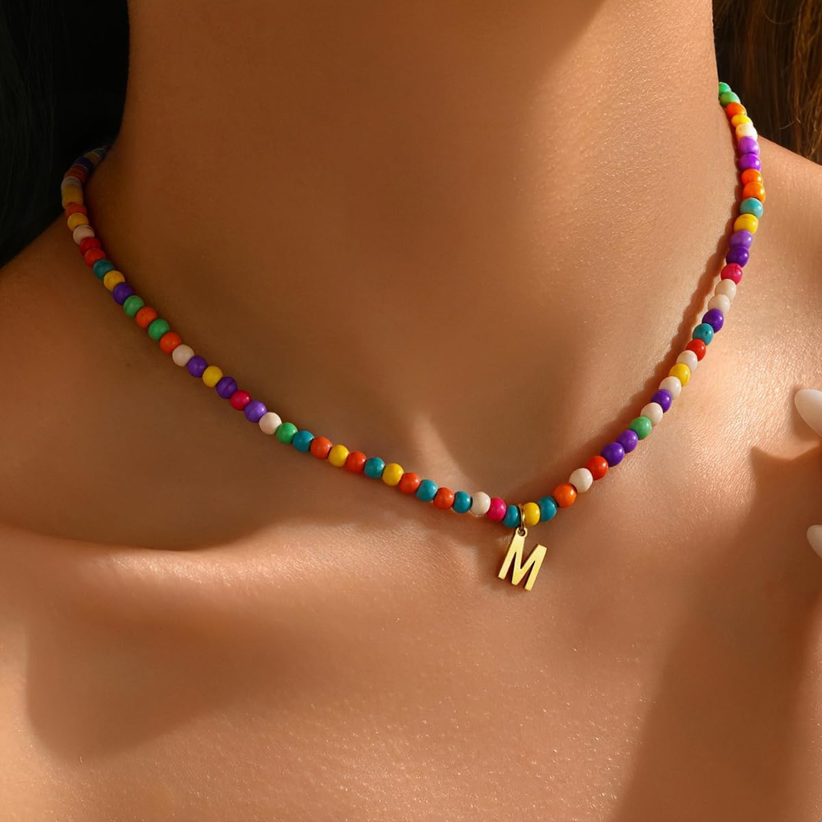 Colorful Initial Necklace for Girls Women Kids, Beaded Pendant, 16 Plus 2 Inch