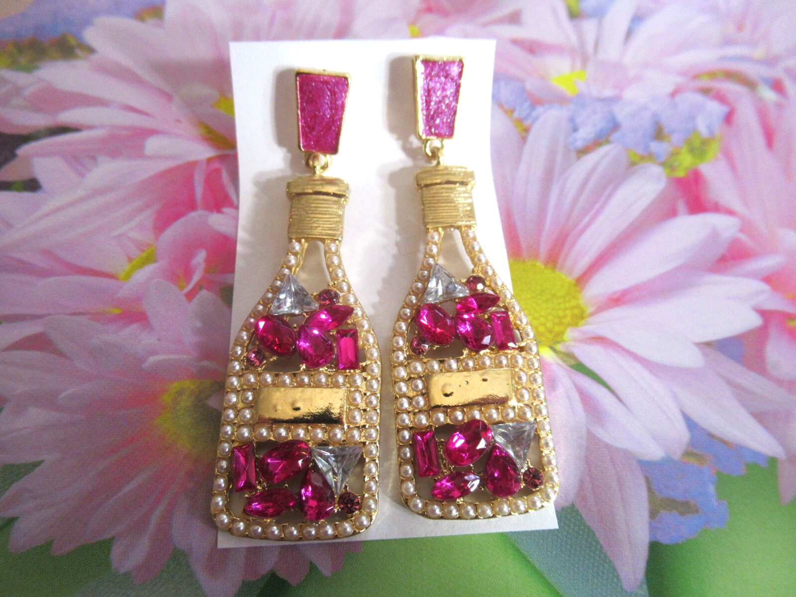 2.50″ POPPED CORK CHAMPAGNE BOTTLE & CHAMPAGNE GLASS RHINESTONE PEARL EARRINGS