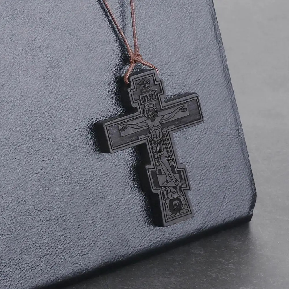 Jesus Christ Wooden Cross Religious Crucifix Christian Orthodox Pendant Necklace