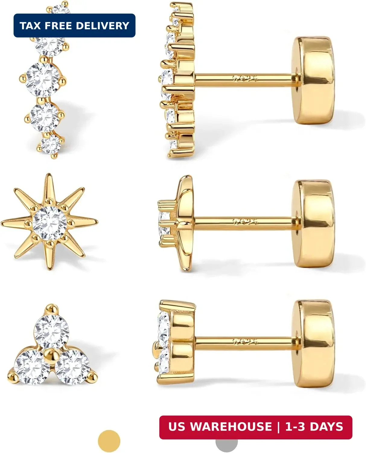 Dochais Flat Back Stud Earrings for Women and Men, Hypoallergenic 14k Gold Plate