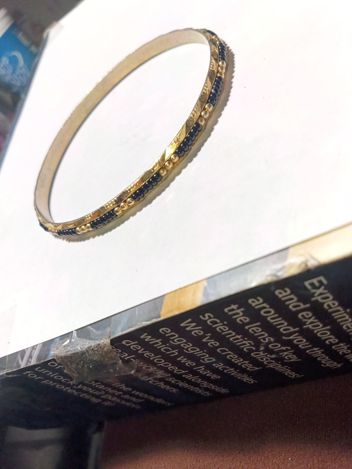 Gold Tone Round Bangle Bracelet w/ Blue Beaded Detail, Smooth Band, No Stone
