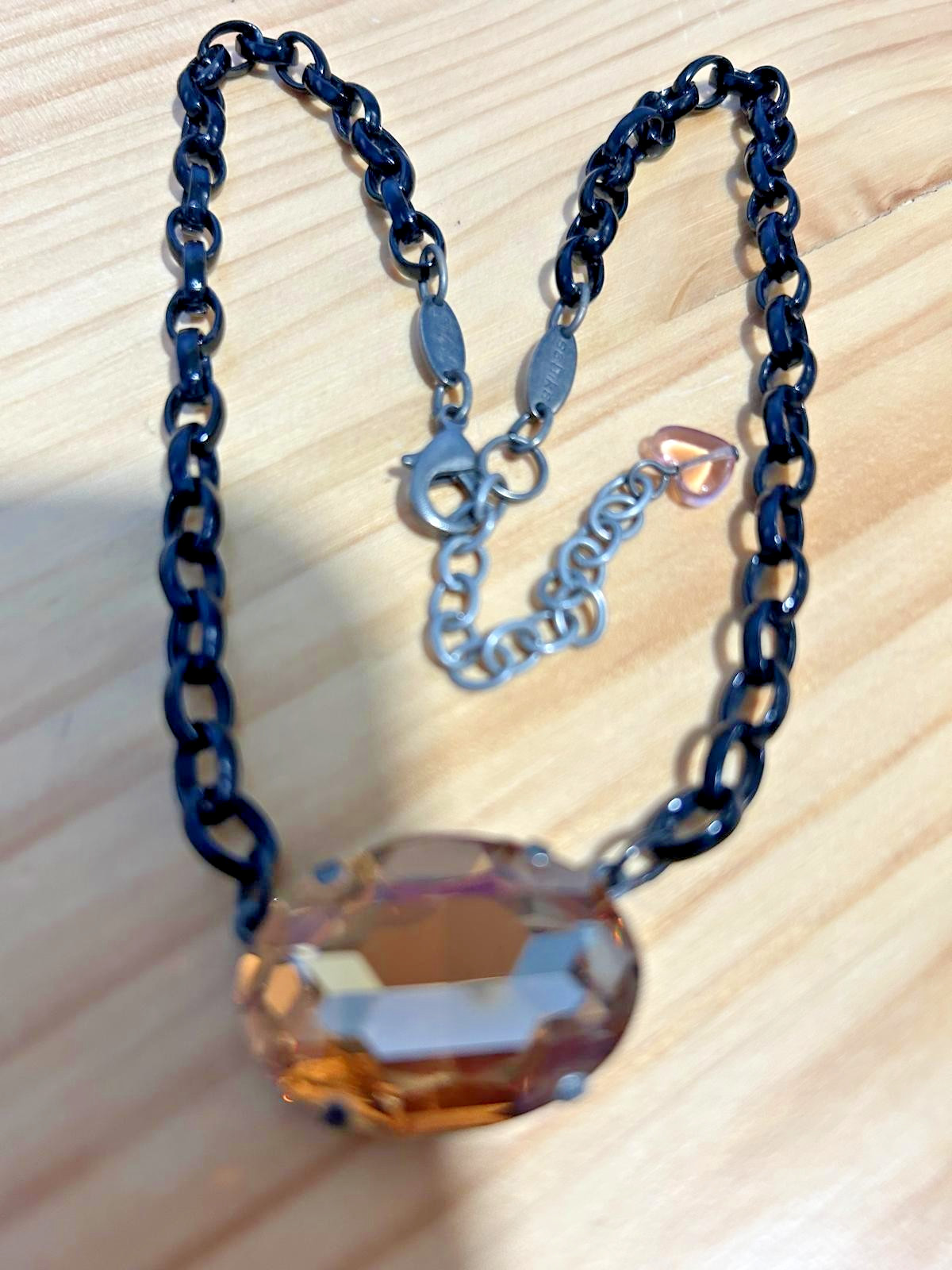 Authentic Sabika Topaz Amber Oval Crystal Pendant Statement Black Chain Necklace