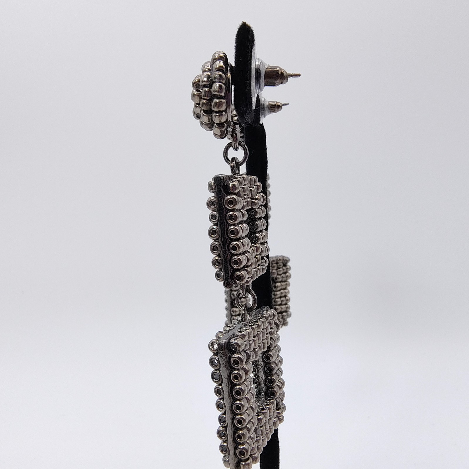 Geometric Maximalist Dangle Statement Earrings Gunmetal Beaded Industrial Chic