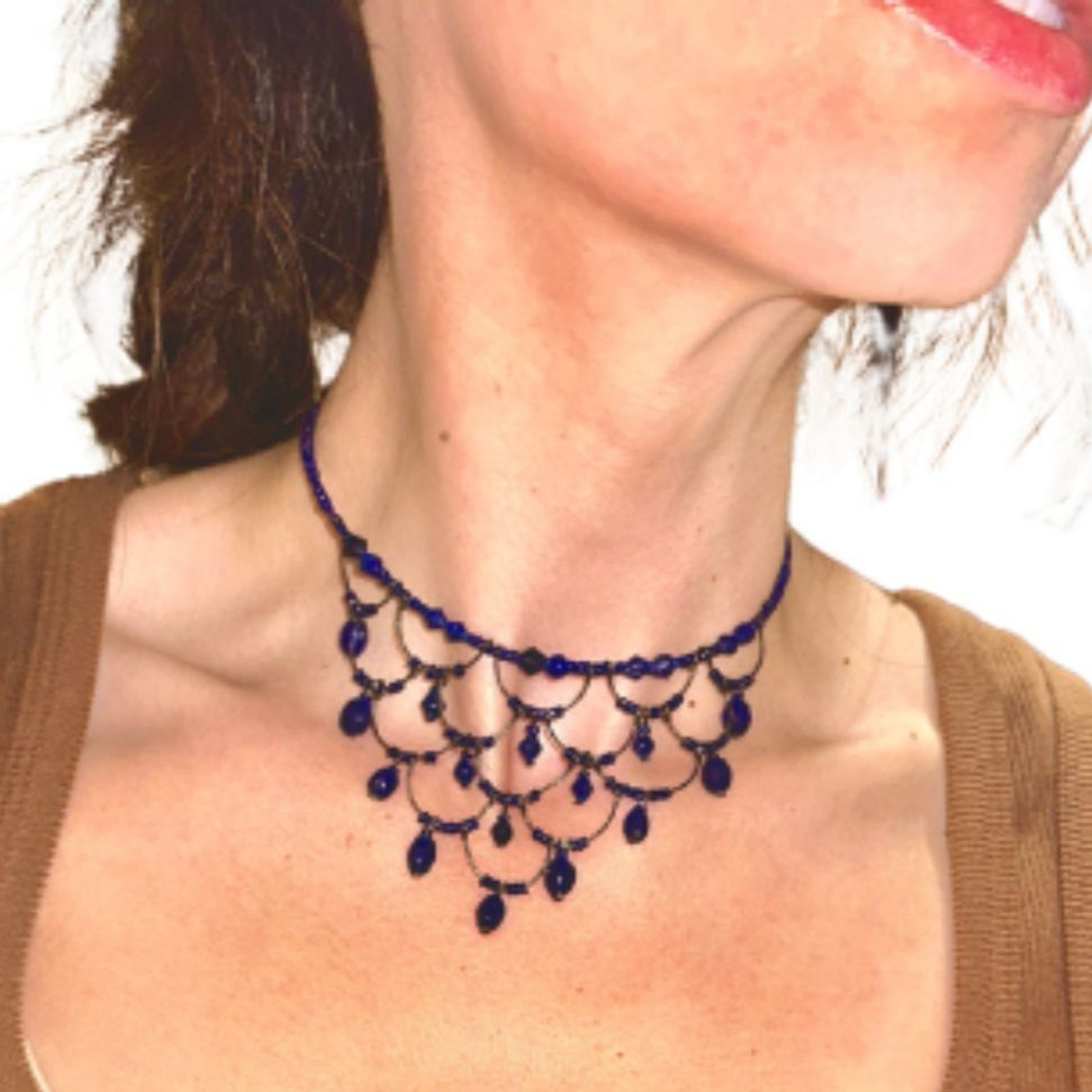 Y2K Blue Beaded Choker Necklace Gothic Fairy Grunge Dangle Statement Jewelry