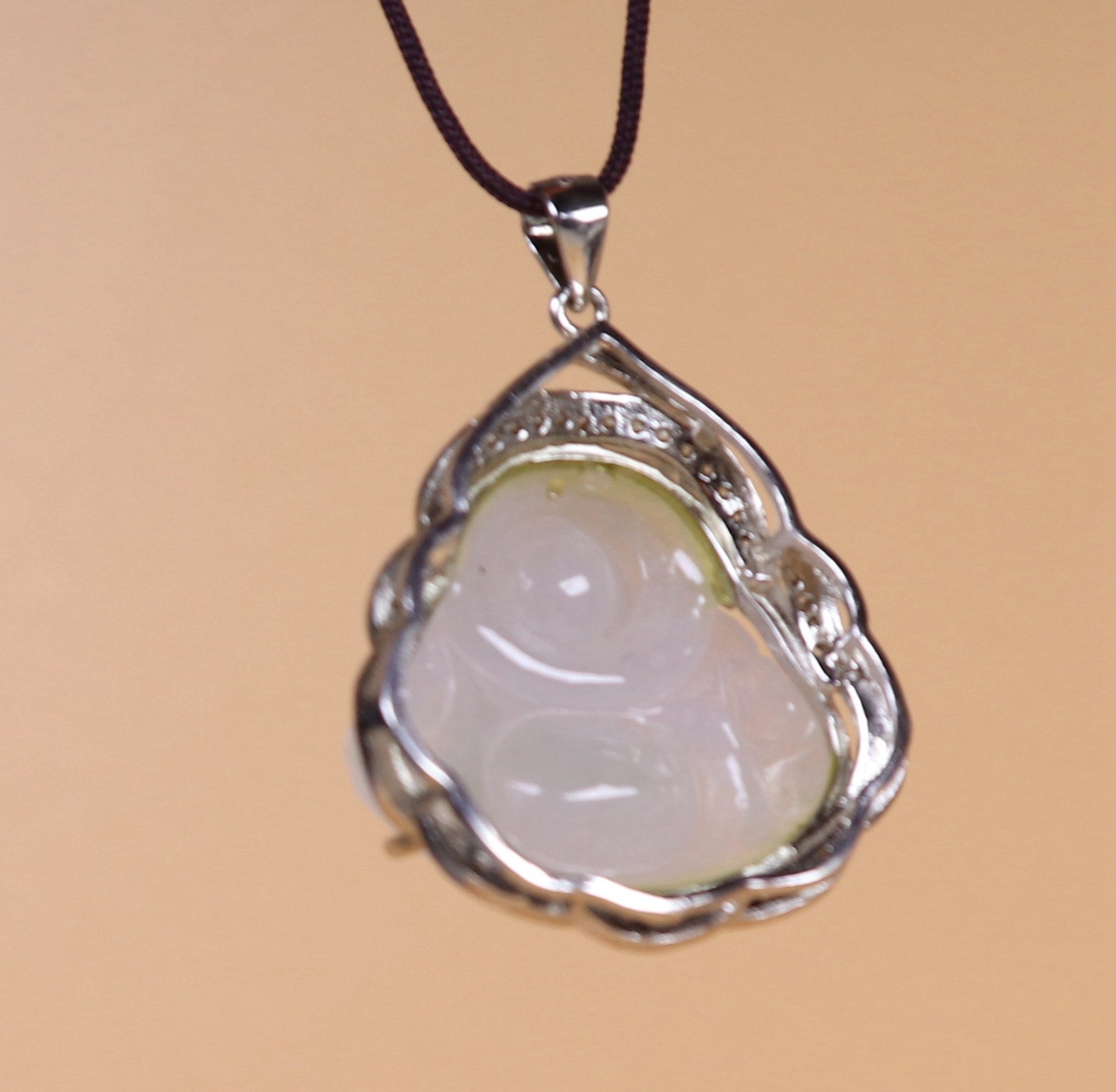 Certified 925 Silver Inlay Green Natural A jadeite Maitreya Buddha Pendant 32531