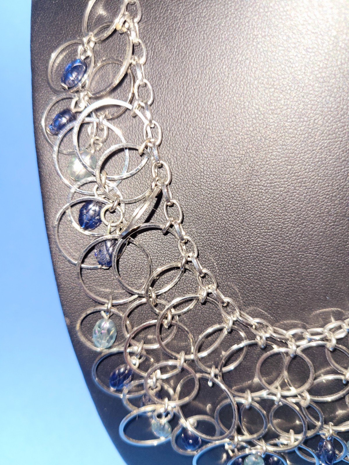 VTG Silverstone Adjustable Necklace With Blue & Aqua Marine Glass Beads