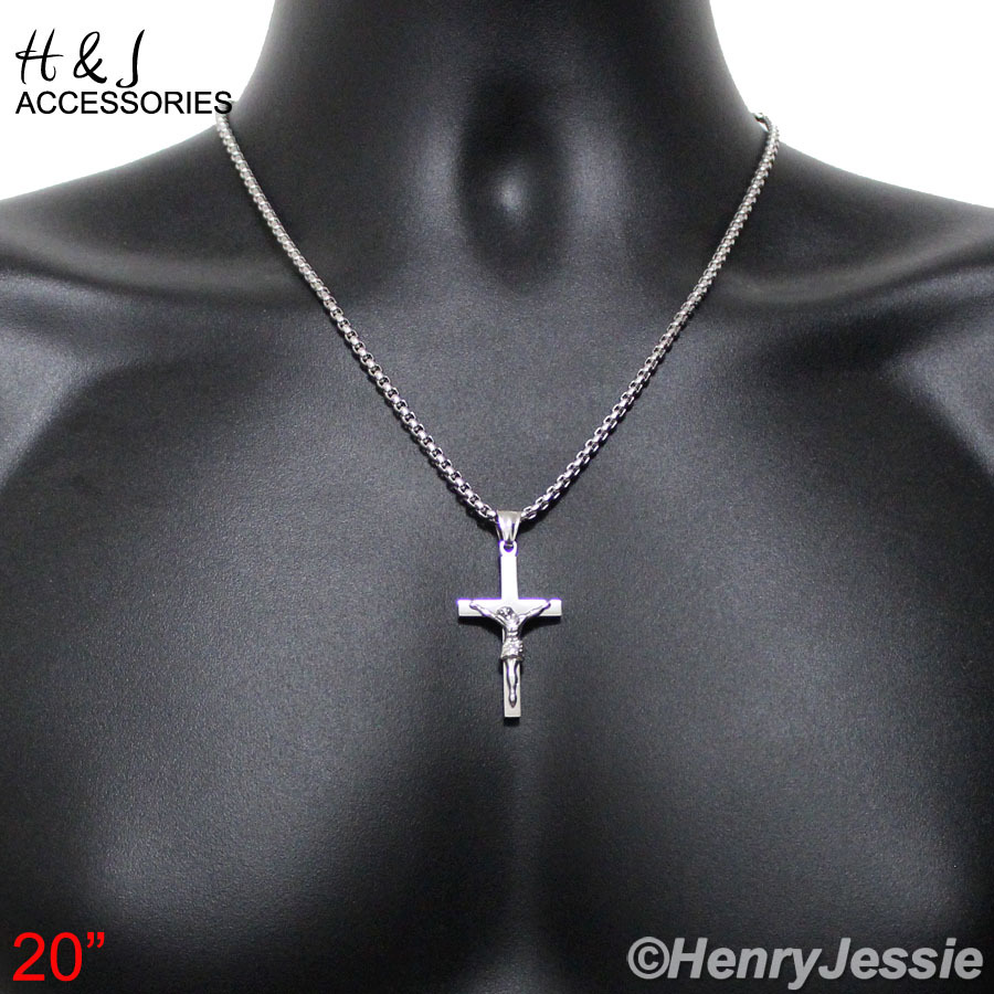 20″MEN Stainless Steel 2mm Silver Smooth Box Link Chain Jesus Cross Pendant*P62