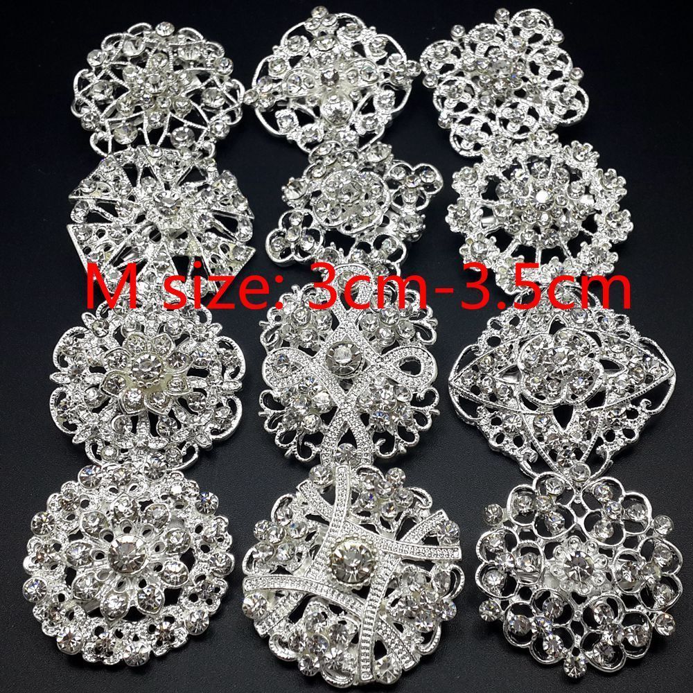 Lot 30pc Mixed Sliver Rhinestone Crystal Brooches Pin DIY Wedding Bridal Bouquet