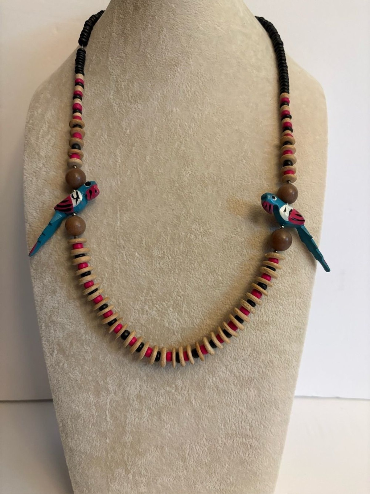 Vintage Parrot Necklace Wooden Beads Tropical Bird Necklace Barrel Clasp